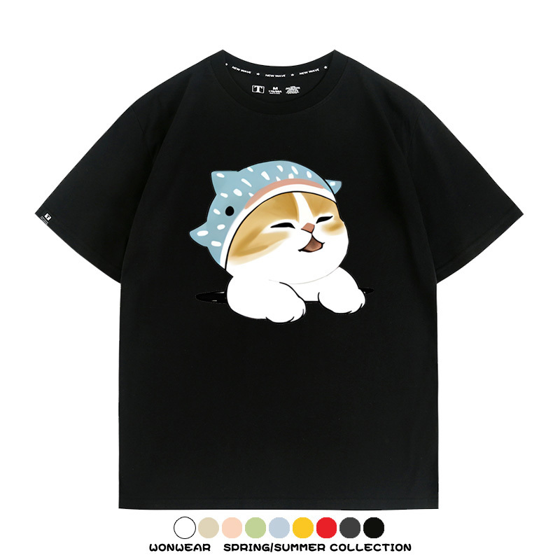 鯊魚貓福珊迪日系COS二次元卡通玩耍情侶短袖上衣純棉T恤衫夏季男寬鬆