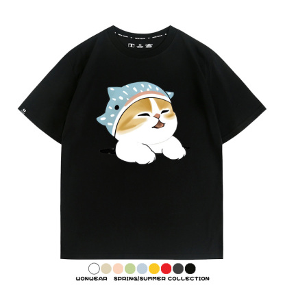 鯊魚貓福珊迪日系COS二次元卡通玩耍情侶短袖上衣純棉T恤衫夏季男寬鬆