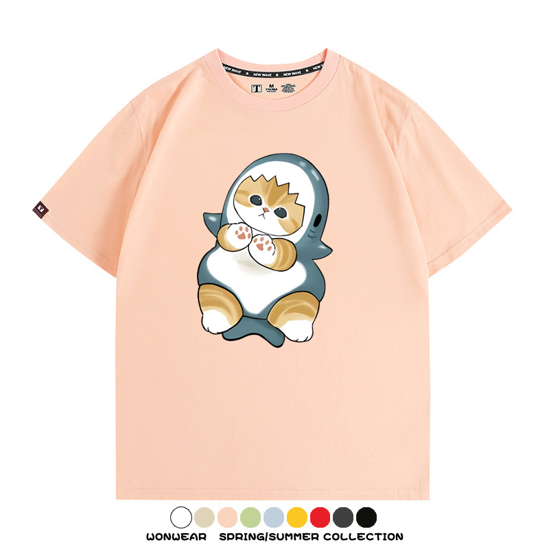 鯊魚貓福珊迪日系COS二次元卡通玩耍情侶短袖上衣純棉T恤衫夏季男寬鬆