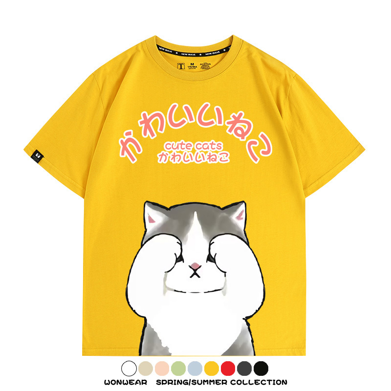日系印花貓貓復古卡通 親子情侶裝寬鬆短袖T