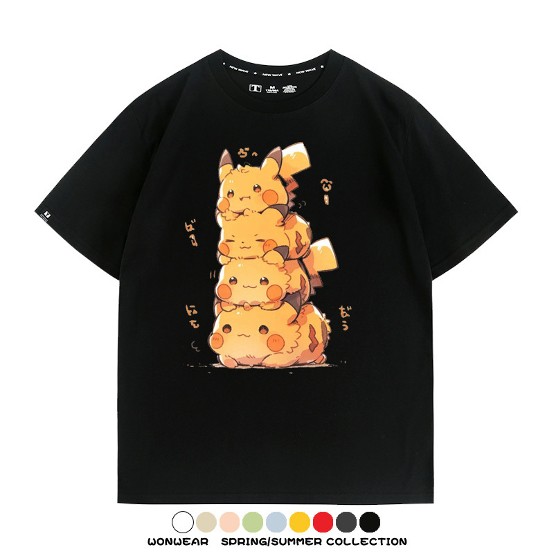 寶可夢皮卡丘可愛疊疊樂 親子情侶裝寬鬆短袖T