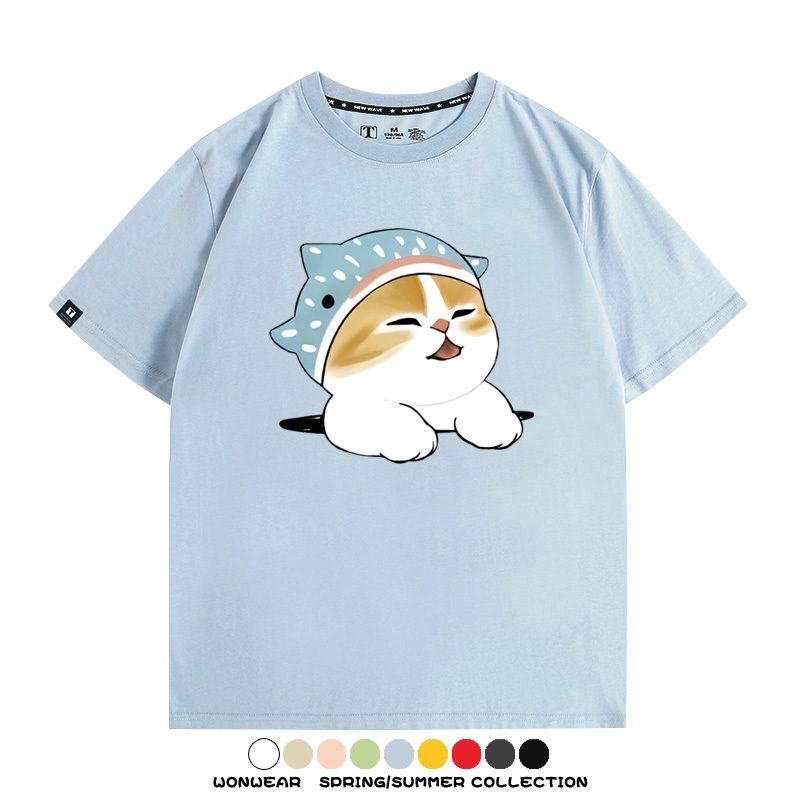 鯊魚貓福珊迪日系COS二次元卡通玩耍情侶短袖上衣純棉T恤衫夏季男寬鬆