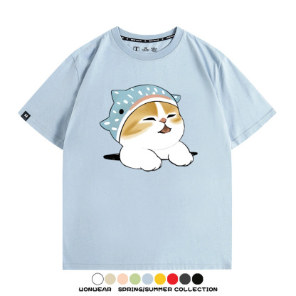 鯊魚貓福珊迪日系COS二次元卡通玩耍情侶短袖上衣純棉T恤衫夏季男寬鬆