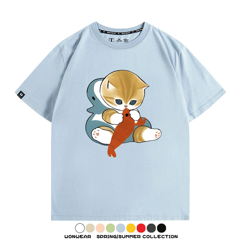 鯊魚貓福珊迪日系COS二次元卡通玩耍情侶短袖上衣純棉T恤衫夏季男寬鬆
