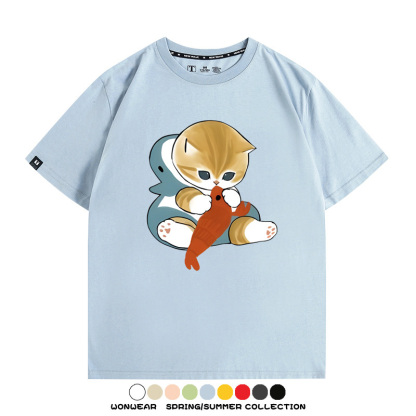 鯊魚貓福珊迪日系COS二次元卡通玩耍情侶短袖上衣純棉T恤衫夏季男寬鬆