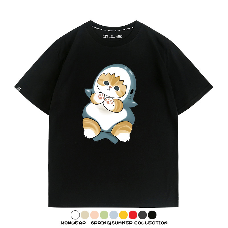 鯊魚貓福珊迪日系COS二次元卡通玩耍情侶短袖上衣純棉T恤衫夏季男寬鬆