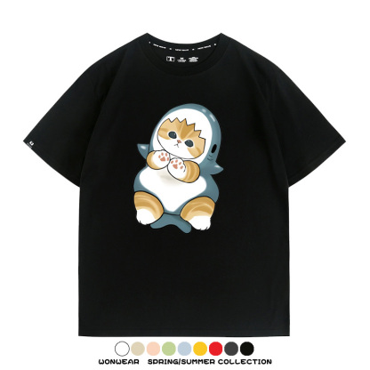 鯊魚貓福珊迪日系COS二次元卡通玩耍情侶短袖上衣純棉T恤衫夏季男寬鬆