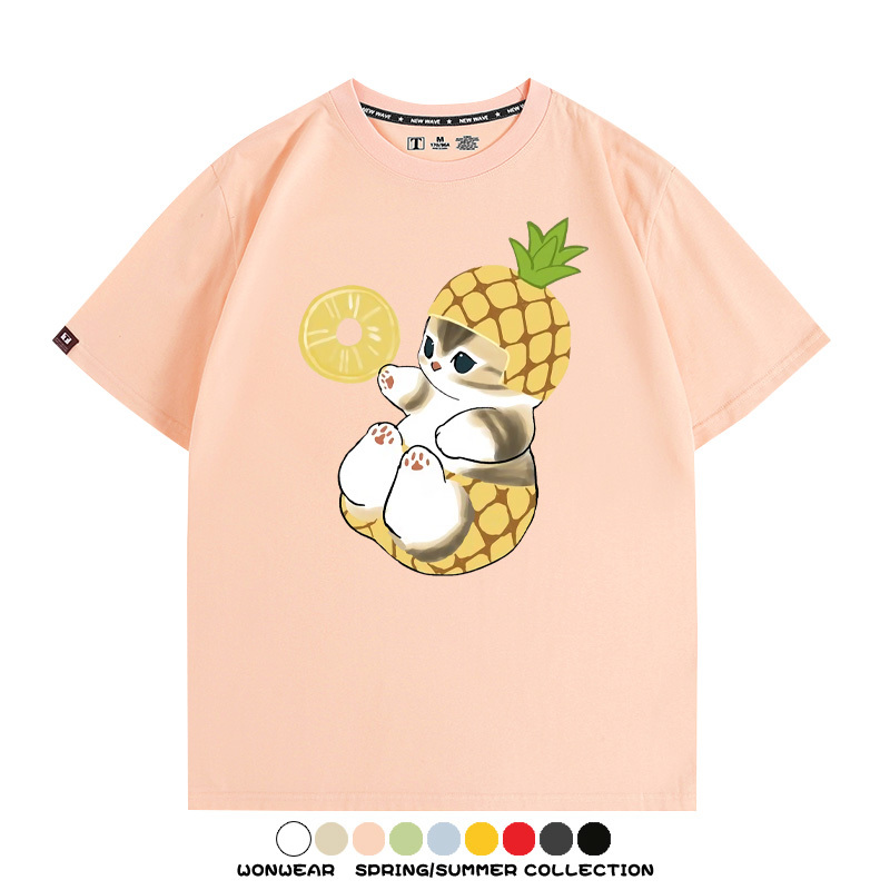 菠蘿貓福珊迪二次元情侶裝t恤衫聯名純棉圓領短袖上衣服卡通喵半袖男