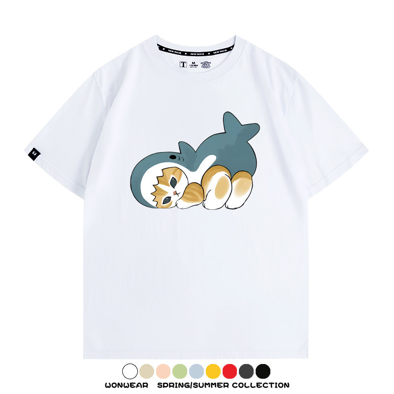 鯊魚貓福珊迪日系COS二次元卡通玩耍情侶短袖上衣純棉T恤衫夏季男寬鬆