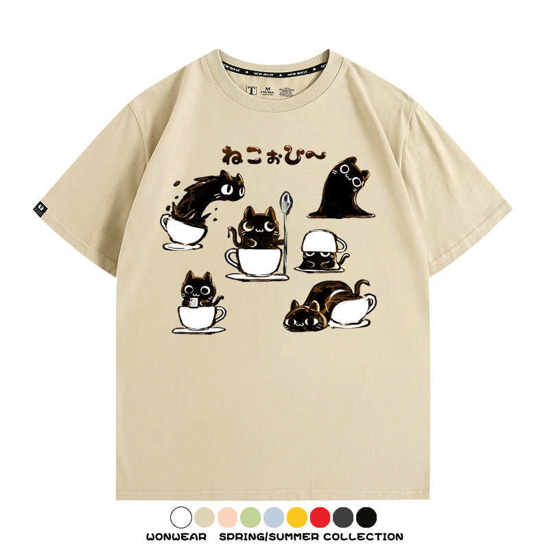 貓貓咖啡惡魔卡通可愛Q版打工人情侶短袖夏季青少年男寬鬆純棉T恤