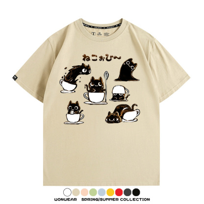 貓貓咖啡惡魔卡通可愛Q版打工人情侶短袖夏季青少年男寬鬆純棉T恤