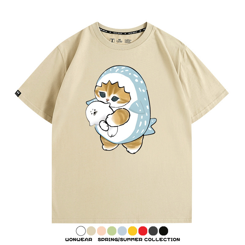 鯊魚貓福珊迪日系COS二次元卡通玩耍情侶短袖上衣純棉T恤衫夏季男寬鬆