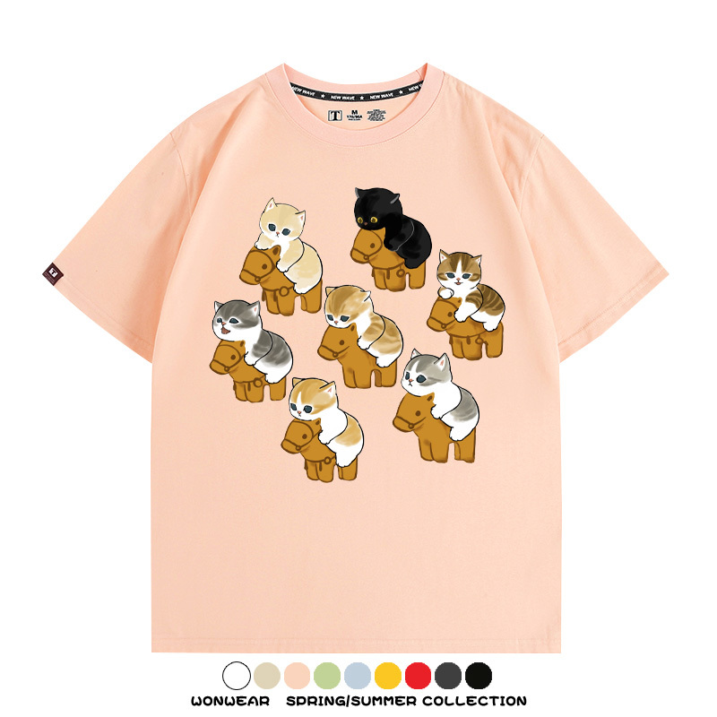 日系貓貓木馬卡通Q版 親子情侶裝寬鬆短袖T