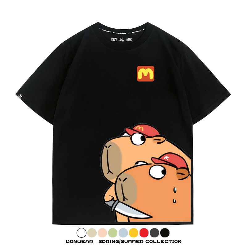惡搞水豚卡皮巴拉麥門K記卡通聯名周邊短袖T恤衫夏季純棉男潮休閒