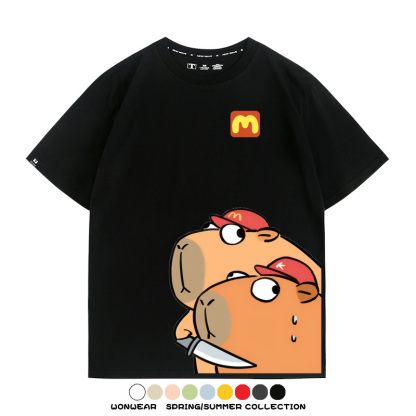 惡搞水豚卡皮巴拉麥門K記卡通聯名周邊短袖T恤衫夏季純棉男潮休閒