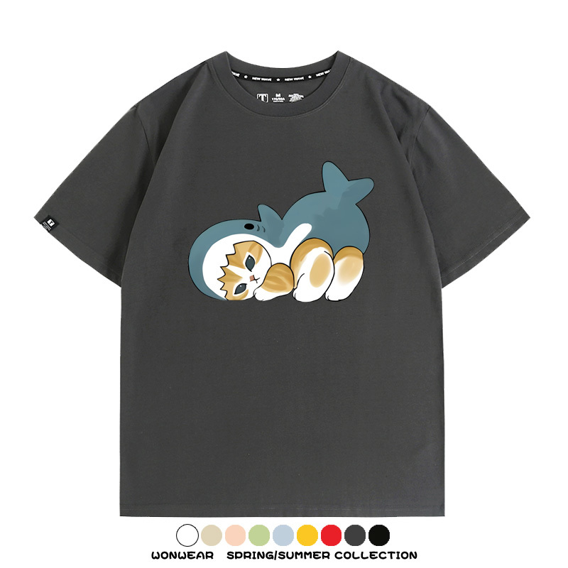 鯊魚貓福珊迪日系COS二次元卡通玩耍情侶短袖上衣純棉T恤衫夏季男寬鬆