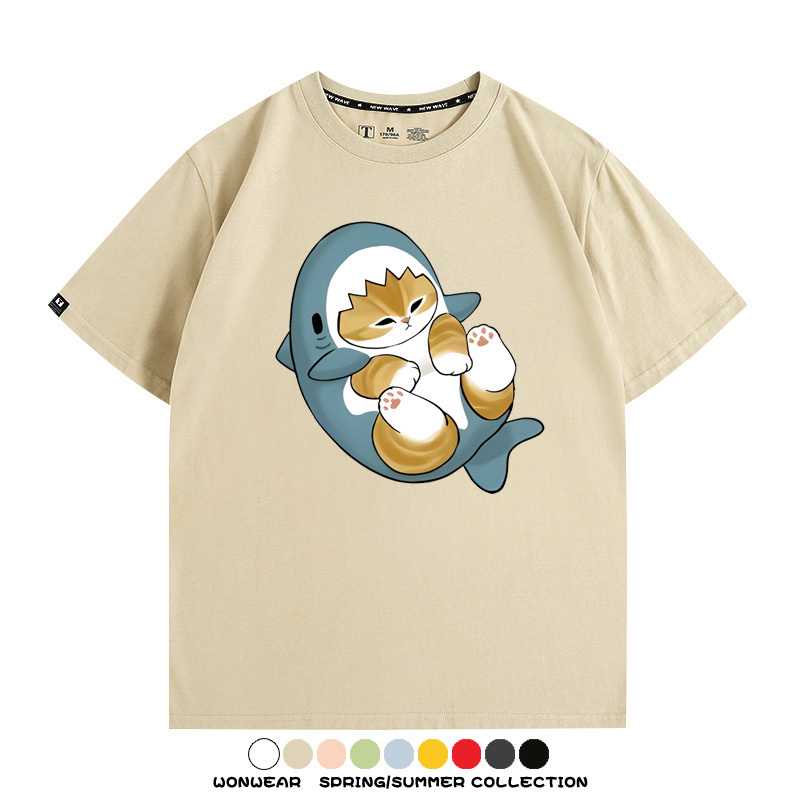 鯊魚貓福珊迪日系COS二次元卡通玩耍情侶短袖上衣純棉T恤衫夏季男寬鬆