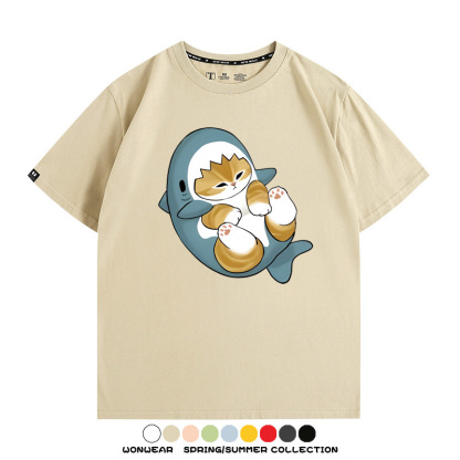 鯊魚貓福珊迪日系COS二次元卡通玩耍情侶短袖上衣純棉T恤衫夏季男寬鬆