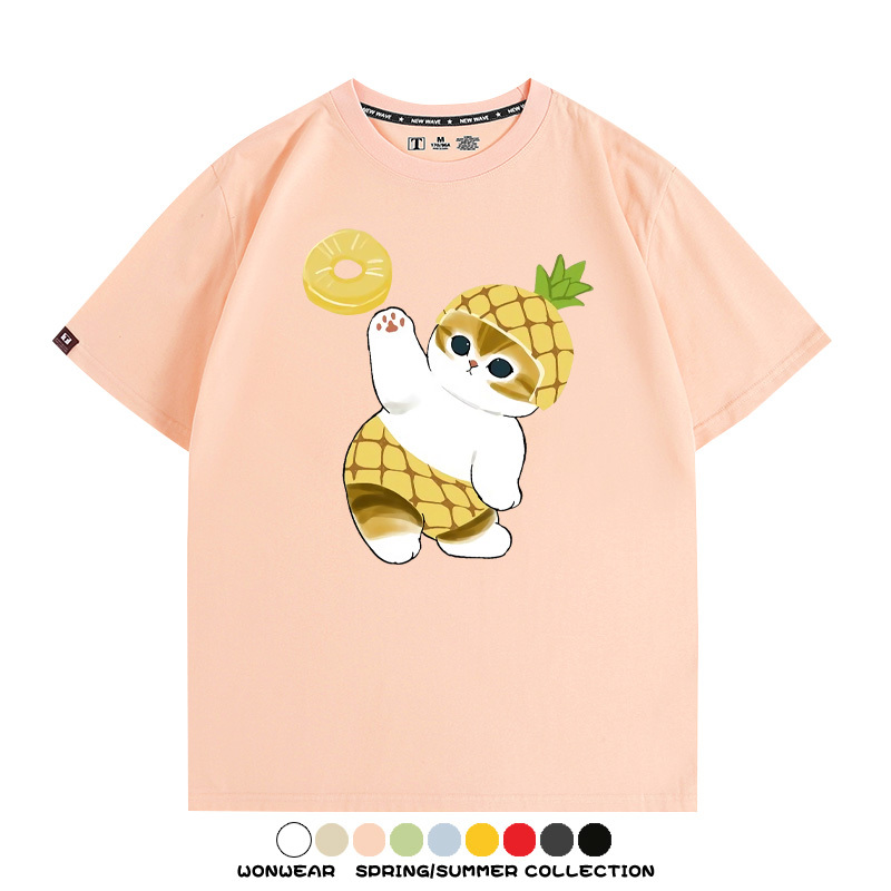 菠蘿貓福珊迪二次元情侶裝t恤衫聯名純棉圓領短袖上衣服卡通喵半袖男