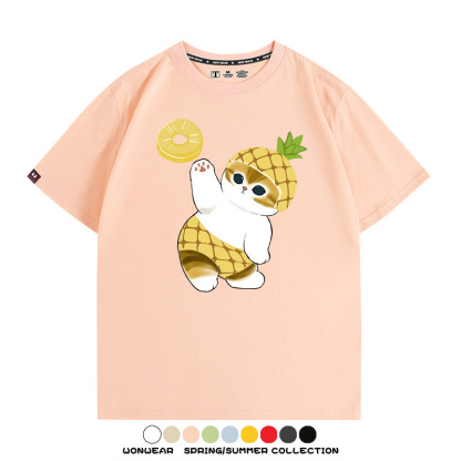 菠蘿貓福珊迪二次元情侶裝t恤衫聯名純棉圓領短袖上衣服卡通喵半袖男
