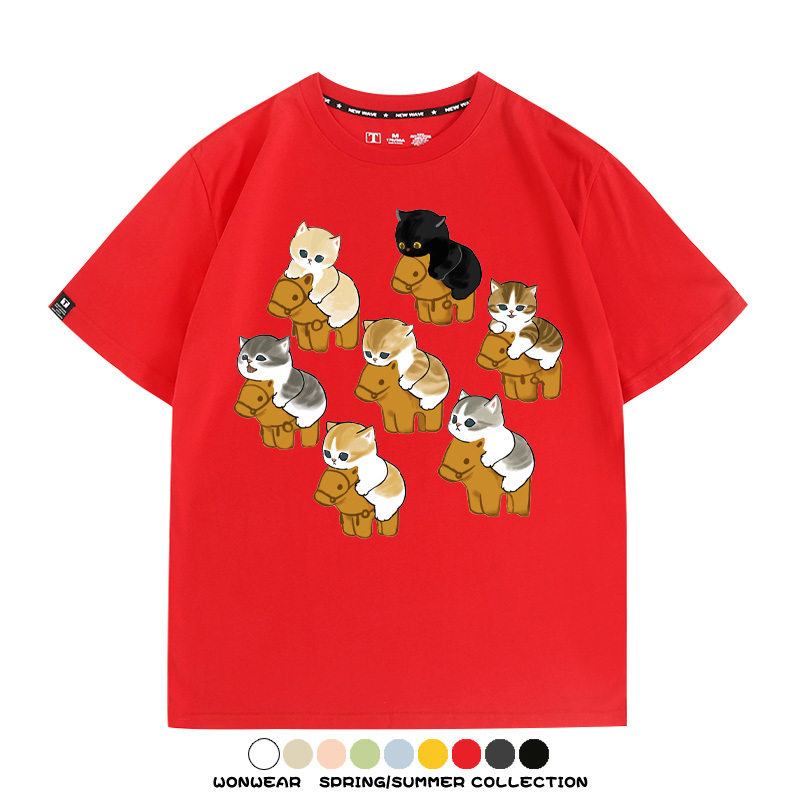 日系貓貓木馬卡通Q版 親子情侶裝寬鬆短袖T