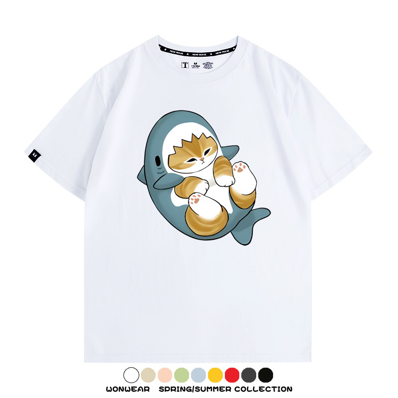 鯊魚貓福珊迪日系COS二次元卡通玩耍情侶短袖上衣純棉T恤衫夏季男寬鬆