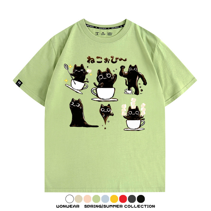 貓貓咖啡惡魔卡通可愛Q版打工人情侶短袖夏季青少年男寬鬆純棉T恤