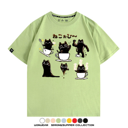 貓貓咖啡惡魔卡通可愛Q版打工人情侶短袖夏季青少年男寬鬆純棉T恤