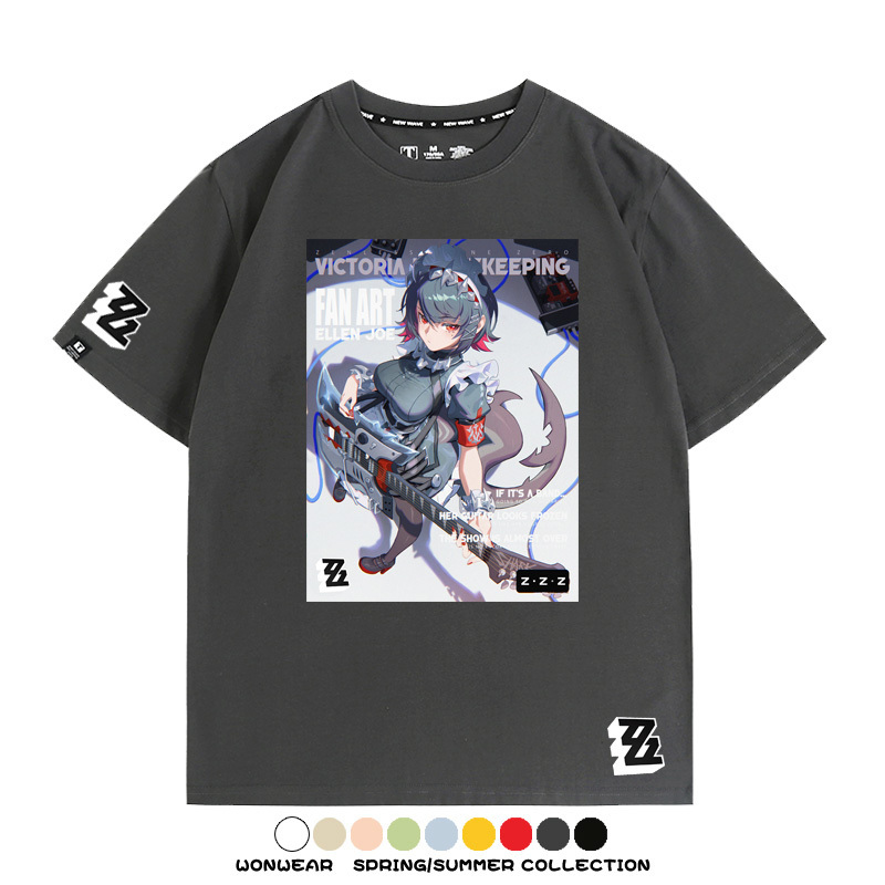 絕區零遊戲鯊魚妹艾蓮聯名款短袖夏季青少年男潮純棉寬鬆百搭T恤