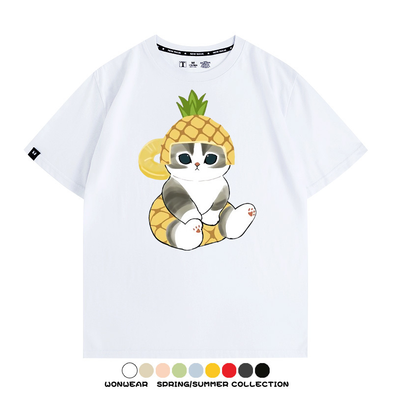 菠蘿貓福珊迪二次元情侶裝t恤衫聯名純棉圓領短袖上衣服卡通喵半袖男