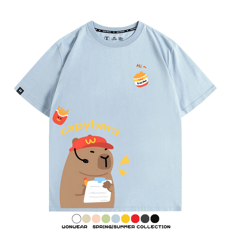 網紅水豚可愛卡皮巴拉COS麥門漢堡薯條二次元青少年夏季純棉T恤衫