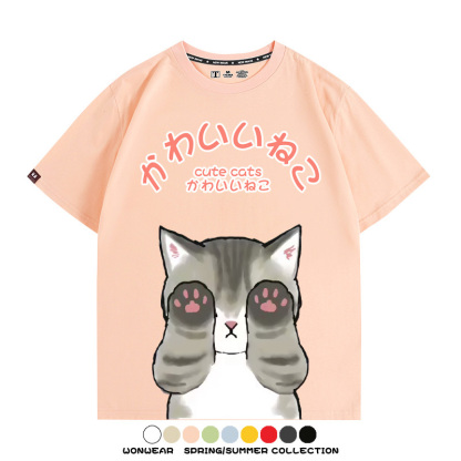 日系印花貓貓復古卡通 親子情侶裝寬鬆短袖T