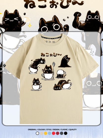 貓貓咖啡惡魔卡通可愛Q版打工人情侶短袖夏季青少年男寬鬆純棉T恤