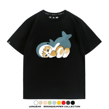鯊魚貓福珊迪日系COS二次元卡通玩耍情侶短袖上衣純棉T恤衫夏季男寬鬆