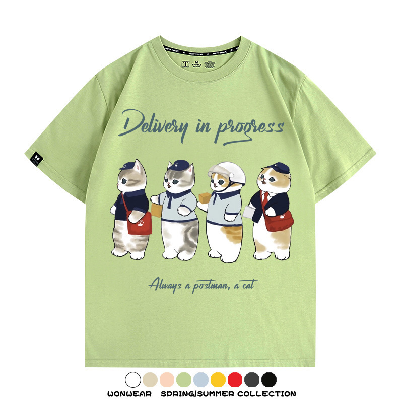 日系郵差員貓貓送快遞 親子情侶裝寬鬆短袖T