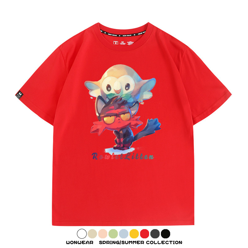精靈寶可夢日月遊戲木木梟火斑喵卡通周邊短袖夏季男士純棉T恤衫