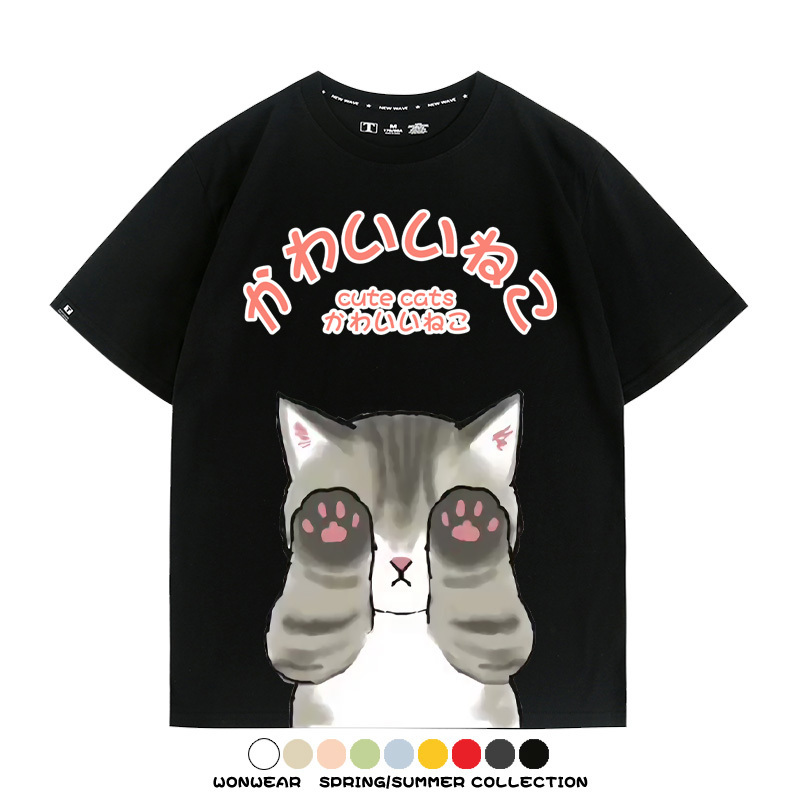 日系印花貓貓復古卡通 親子情侶裝寬鬆短袖T