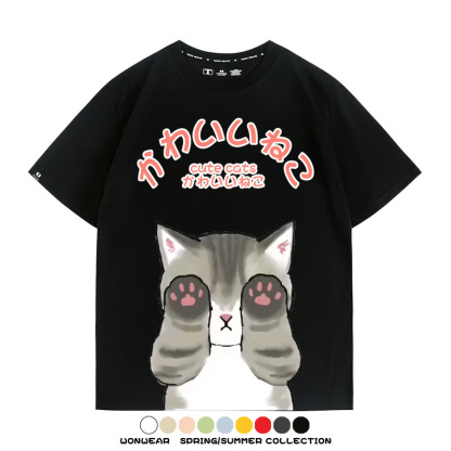 日系印花貓貓復古卡通 親子情侶裝寬鬆短袖T