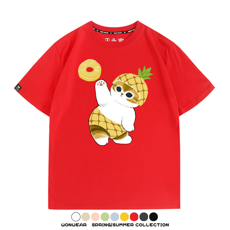 菠蘿貓福珊迪二次元情侶裝t恤衫聯名純棉圓領短袖上衣服卡通喵半袖男