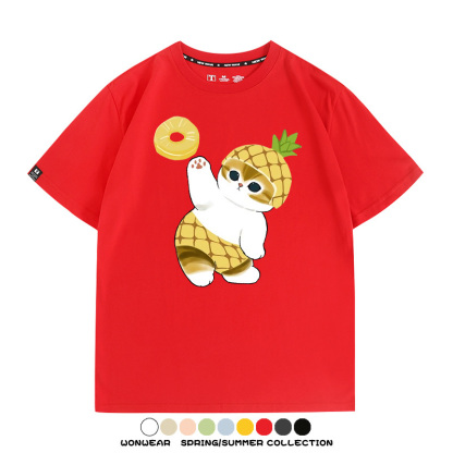 菠蘿貓福珊迪二次元情侶裝t恤衫聯名純棉圓領短袖上衣服卡通喵半袖男