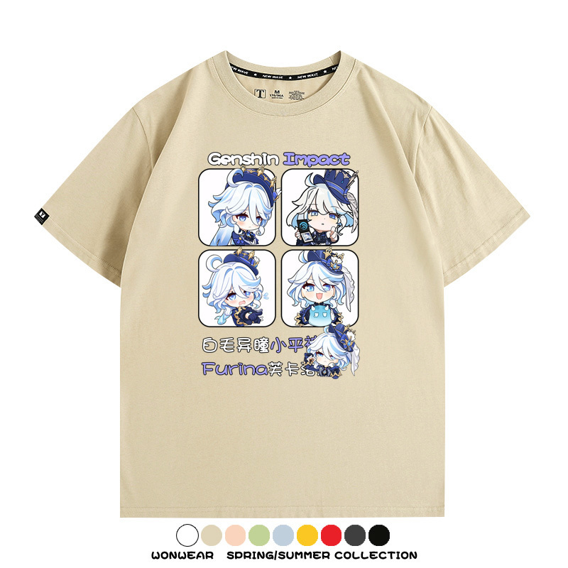 原神遊戲散兵可莉芙寧娜胡桃可愛Q版二次元周邊夏男純棉T恤衫短袖