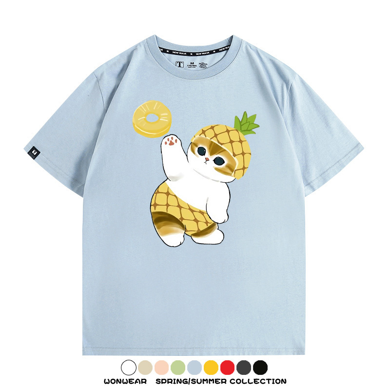 菠蘿貓福珊迪二次元情侶裝t恤衫聯名純棉圓領短袖上衣服卡通喵半袖男