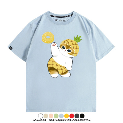 菠蘿貓福珊迪二次元情侶裝t恤衫聯名純棉圓領短袖上衣服卡通喵半袖男