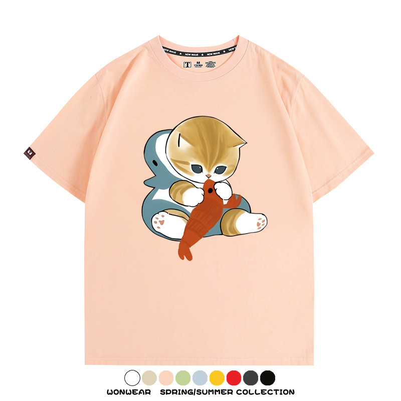 鯊魚貓福珊迪日系COS二次元卡通玩耍情侶短袖上衣純棉T恤衫夏季男寬鬆