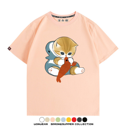 鯊魚貓福珊迪日系COS二次元卡通玩耍情侶短袖上衣純棉T恤衫夏季男寬鬆