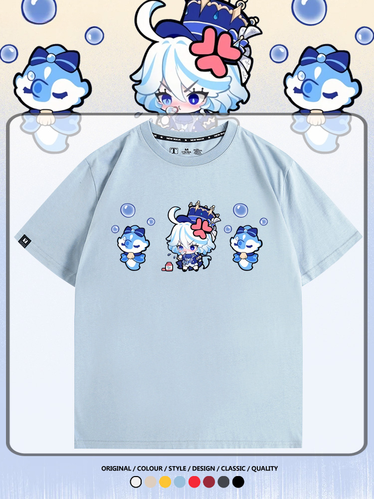 原神遊戲水神芙寧娜芙卡洛斯Q版可愛周邊短袖夏季純棉男潮T恤百搭