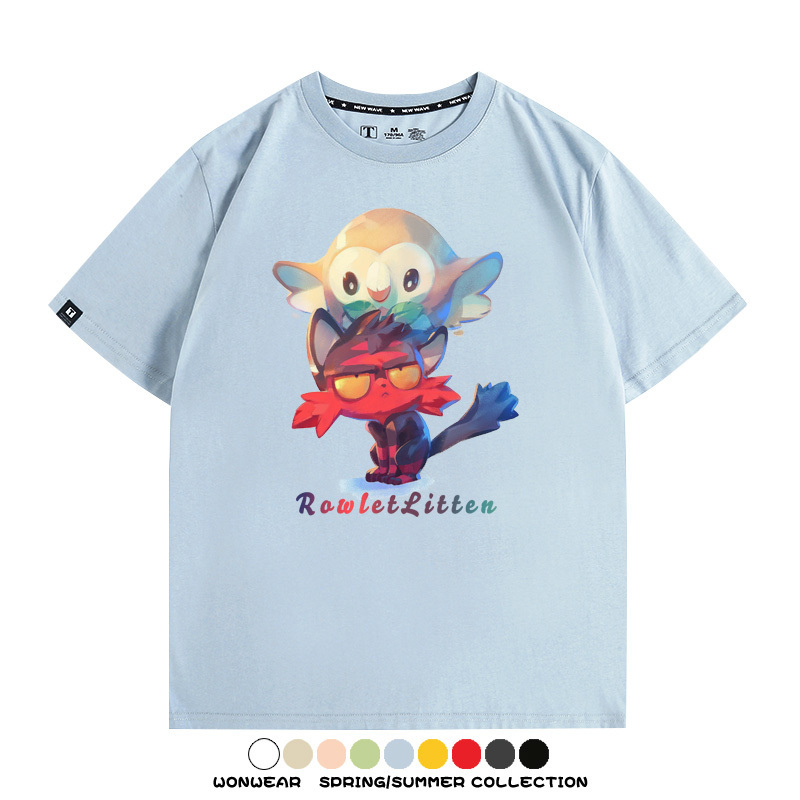 精靈寶可夢日月遊戲木木梟火斑喵卡通周邊短袖夏季男士純棉T恤衫
