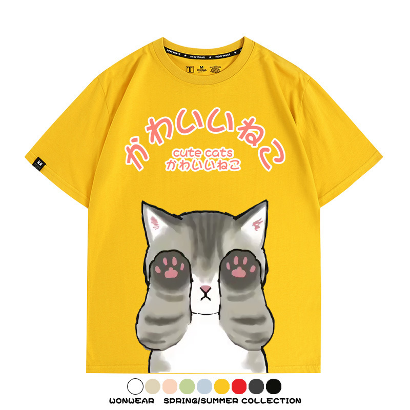 日系印花貓貓復古卡通 親子情侶裝寬鬆短袖T