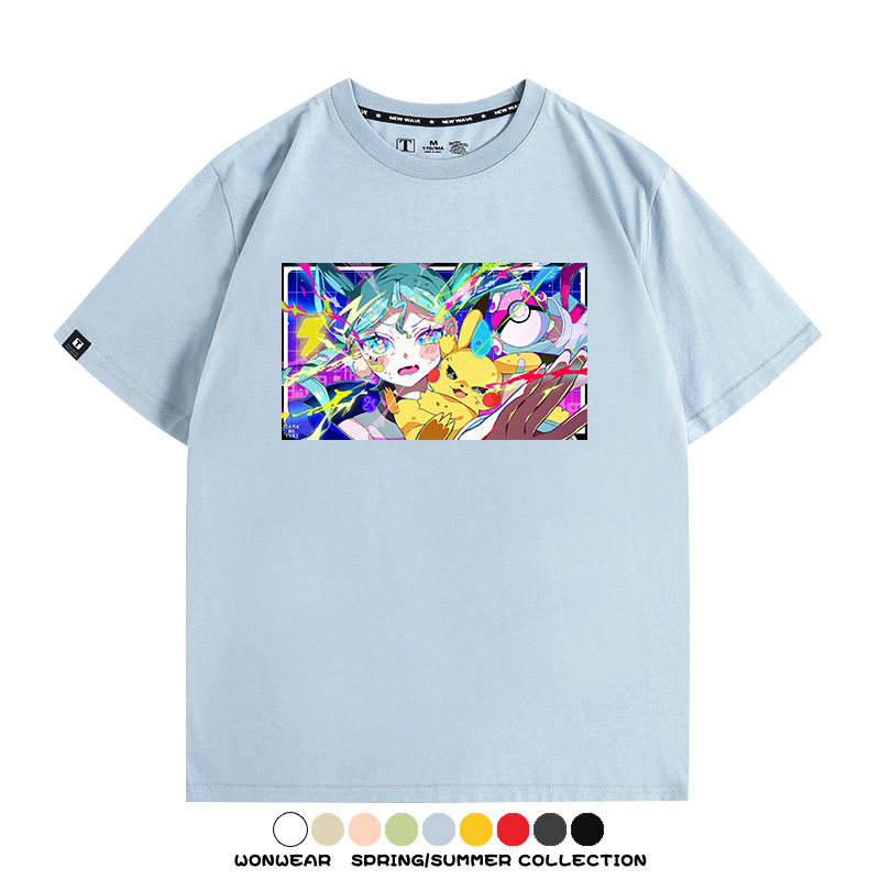 寶可夢皮卡丘聯動V家初音未來miku歌姬周邊短袖純棉T恤上衣夏寬鬆