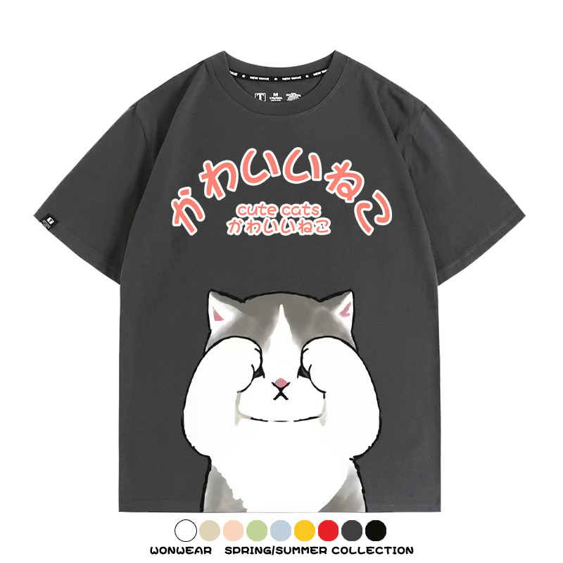 日系印花貓貓復古卡通 親子情侶裝寬鬆短袖T